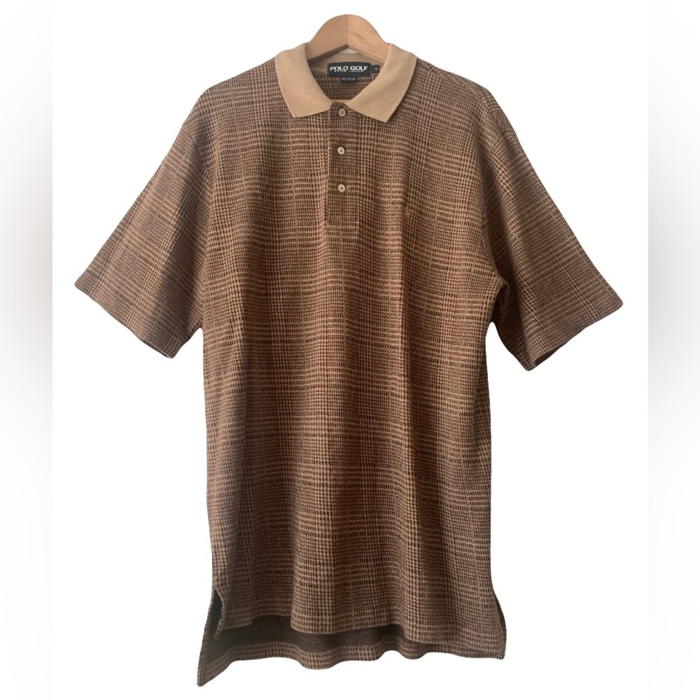 Vtg Ralph Lauren Polo Golf Brown Plaid Houndstooth Short-Sleeve Shirt Men’s L